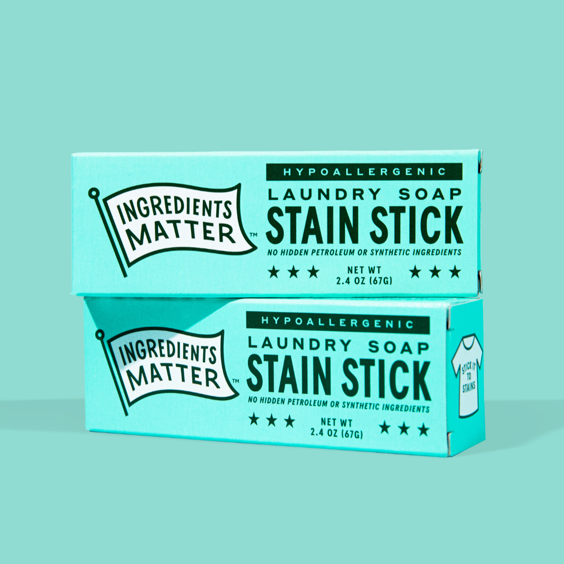 Ingredients Matter Laundry Soap Stain Stick Hypoallergenic turquoise box with forest green lettering and ingredients matter logo