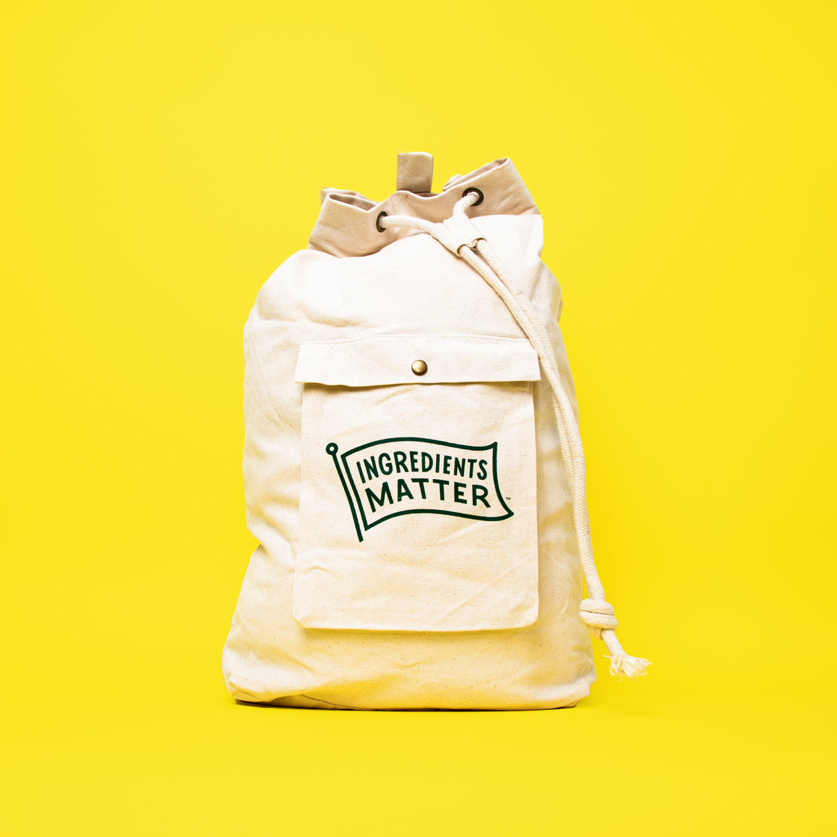 canvas laundry bag with Ingredients Matter logo