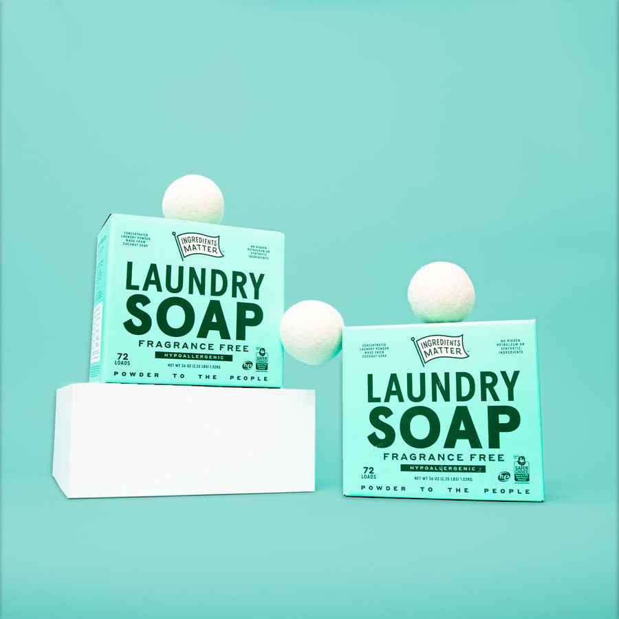 2 boxes of hypoallergenic fragrance free powder laundry soap with 100% New Zealand Wool dryer balls on top