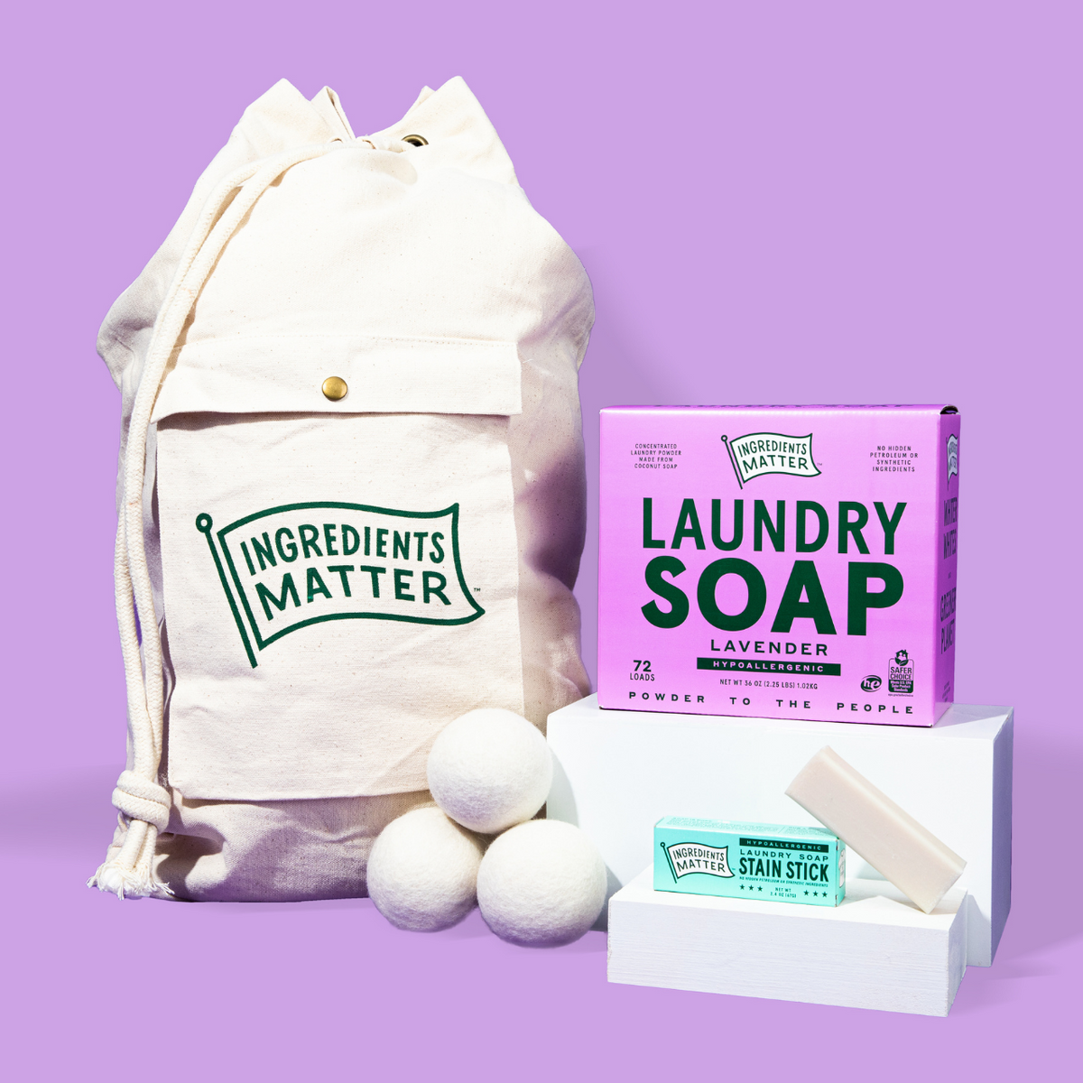 Lavender scented laundry bundle with laundry soap, stain removing stick, and bag