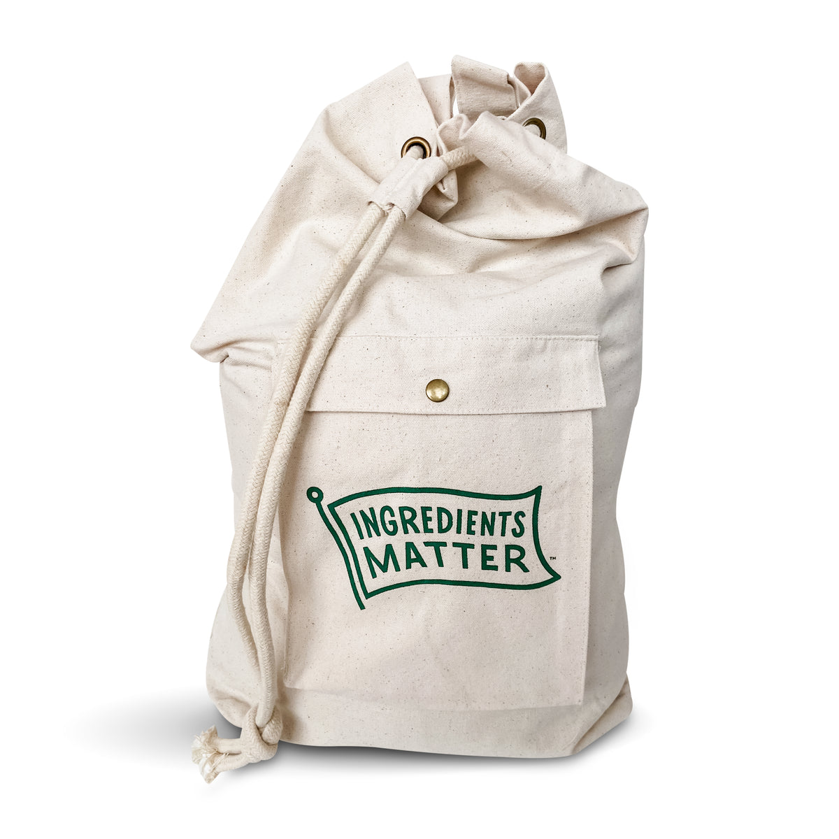 canvas laundry bag with Ingredients Matter logo and draw string